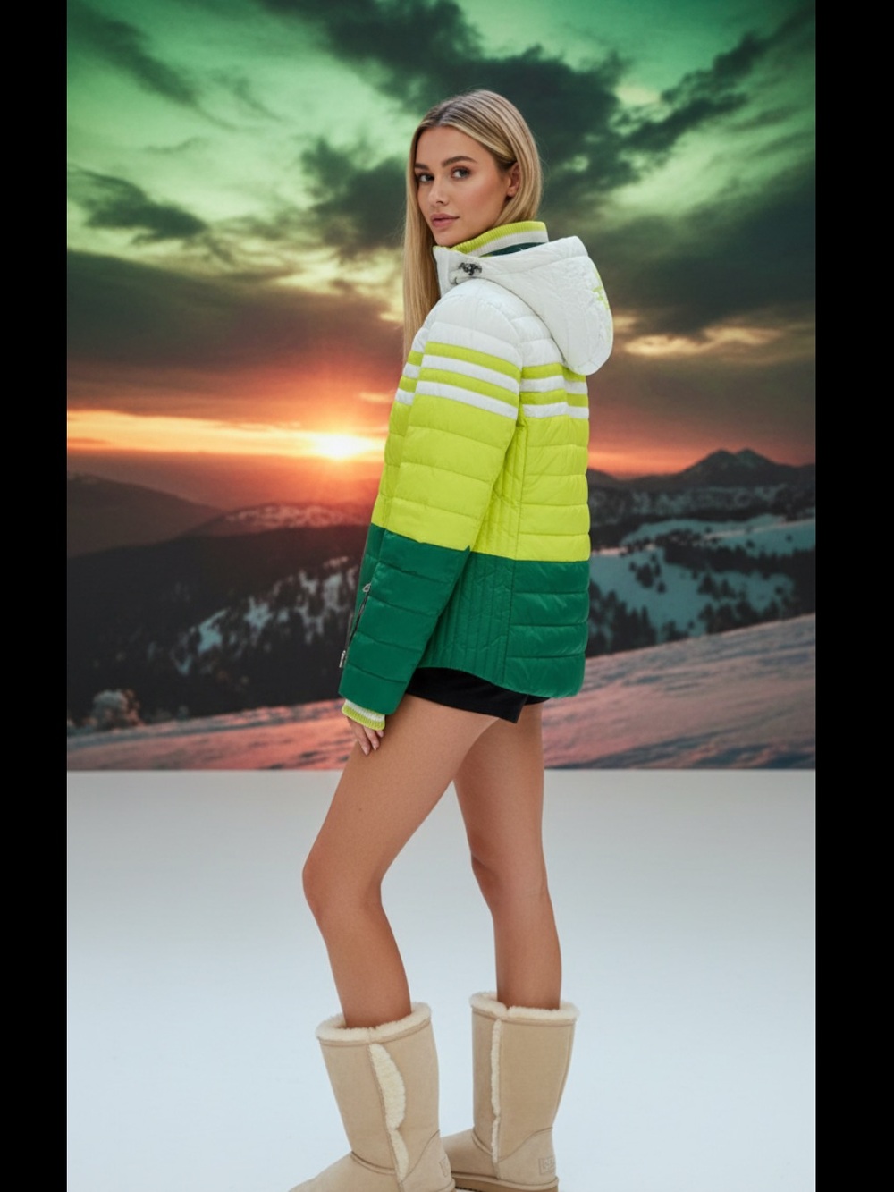 Bogner Colorblock Hooded Puffer Jacket - White, Lime & Forest Green Tea-D